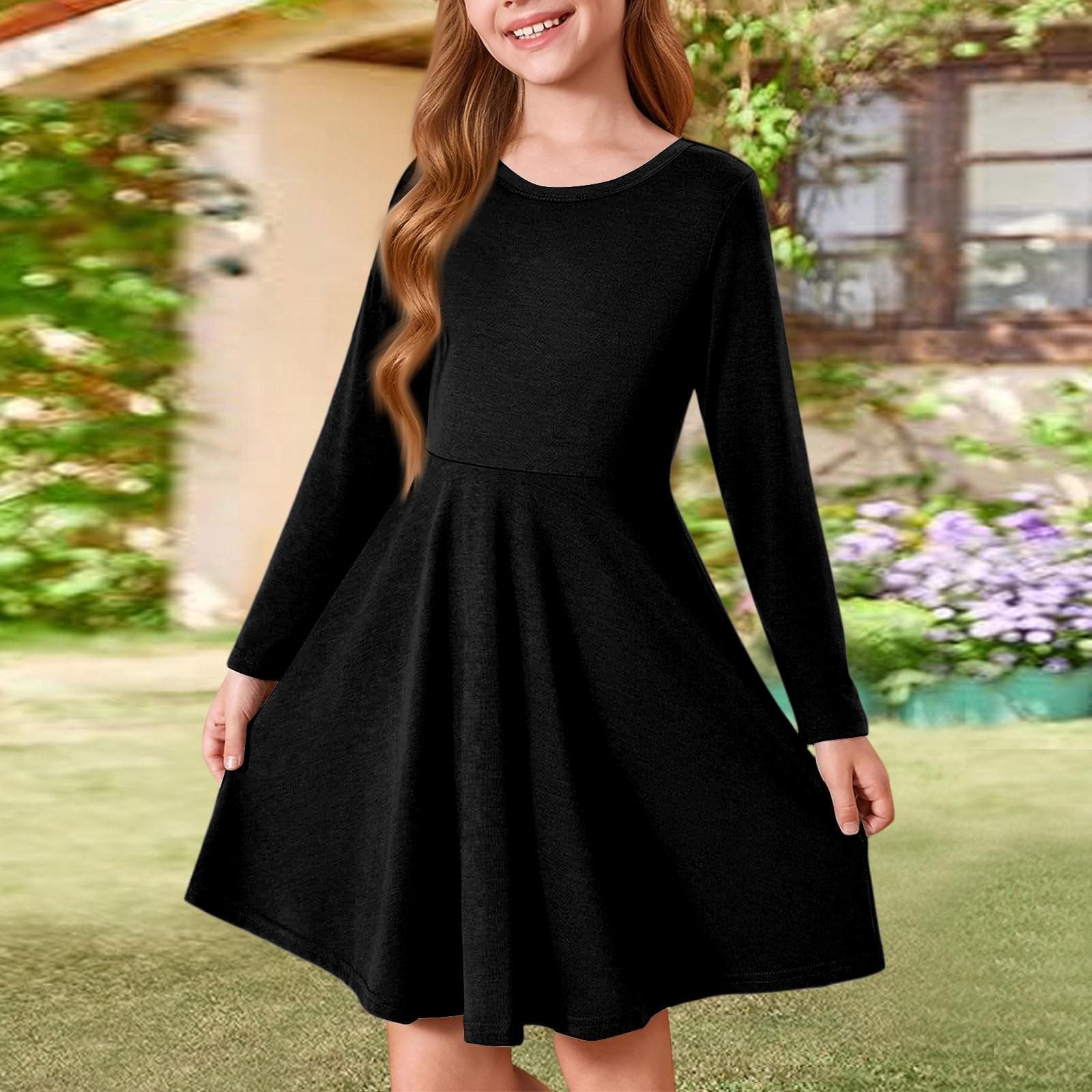 Girls' Summer Princess Dress - Long Sleeve A-Line T-Shirt Dress 140 black