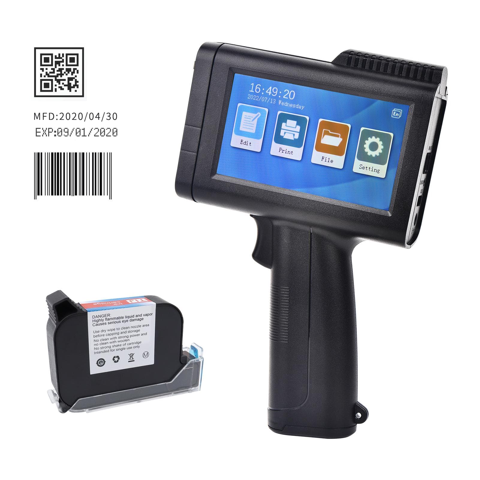 Portable HD Handheld Inkjet Printer with 4.3 Inch Touchscreen Intelligent Barcode Printer Support EU Plug black