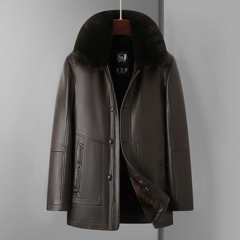 Winter Leather Jacket Men's Warm and Plush Thick Fur Collar Fur Integrated Jacket Leather Jacket 4XL