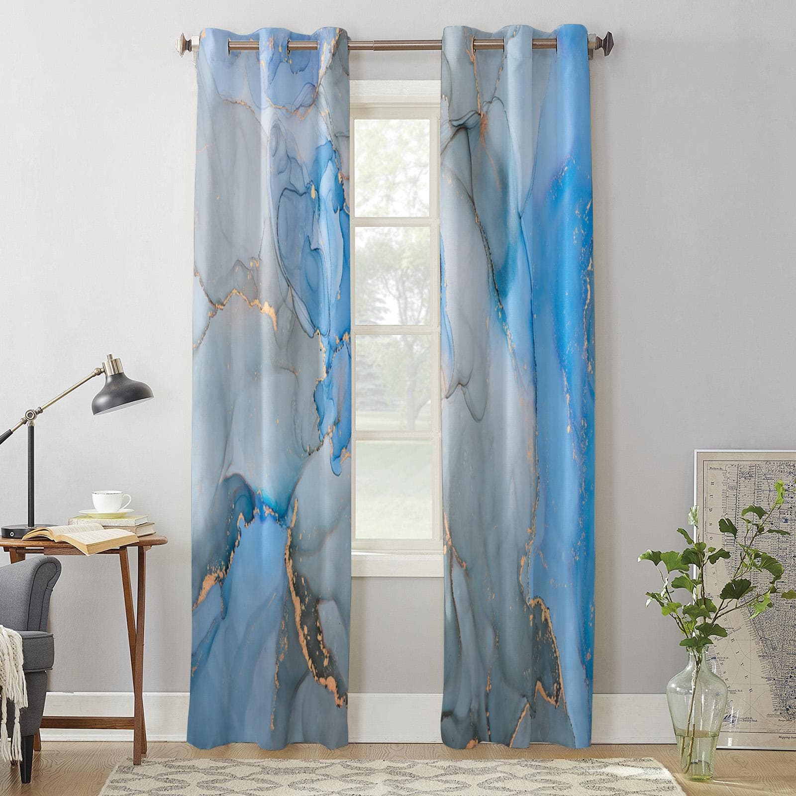 Marble Texture Watercolor Blue Gray Window Curtains for Living Room Home Bedroom Kitchen Decora Christmas Curtain 135W x 60H(cm) x1