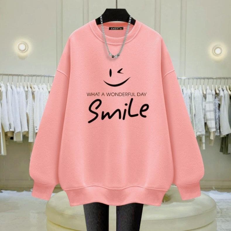 Women's Round Neck Sweatshirt Loose Plus Velvet Thickened Autumn and Winter New Korean Version Letters Smiling Mid-length Top XXL