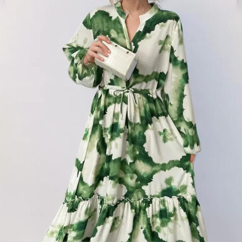 Women's Lantern Sleeve Printed Lapel Waist Long Sleeves Spring Dress for Women 3XL