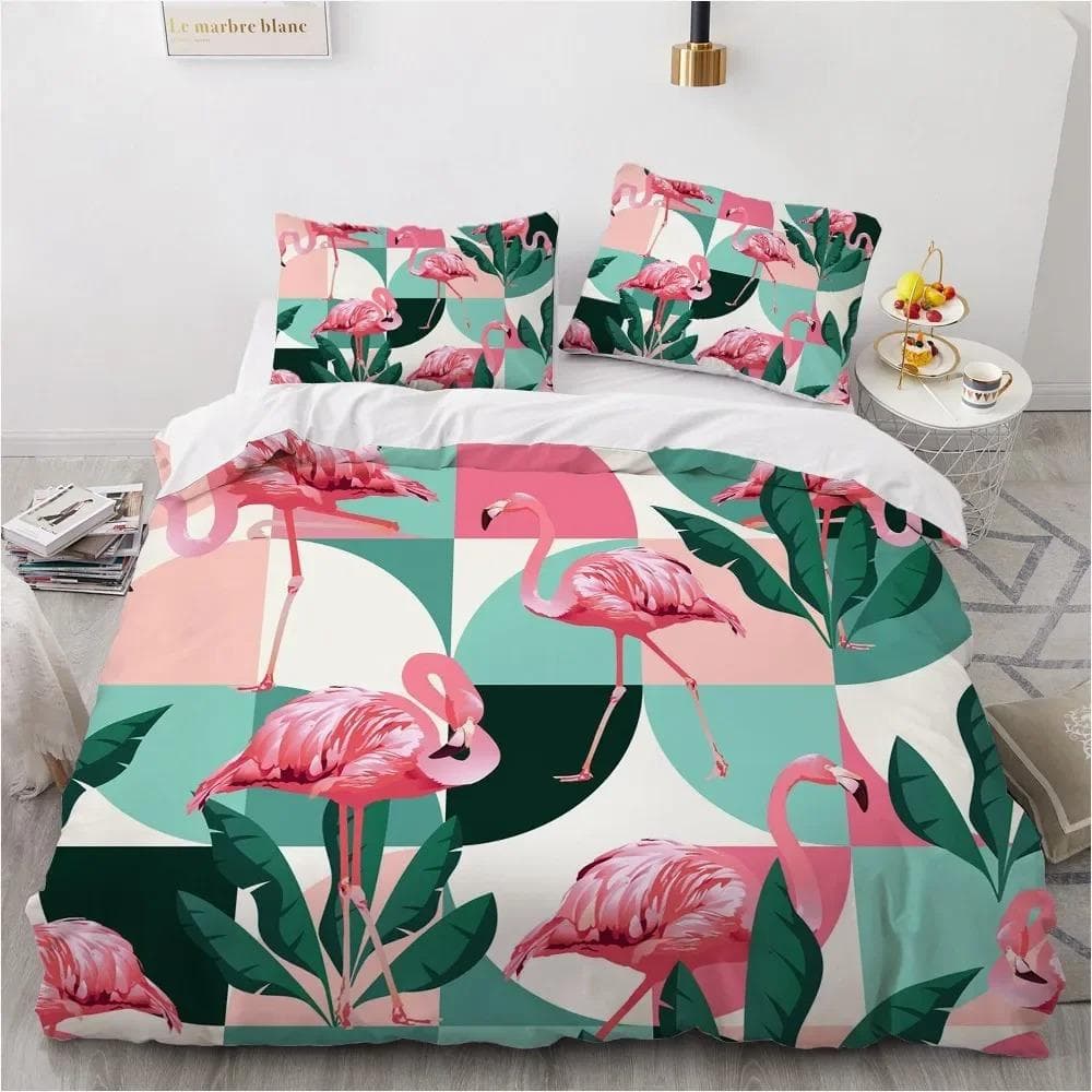 Flamingo Duvet Cover King Queen 3D Pink Animal Bedding Set for Kids Teens Adults Watercolor Style Quilt Cover with Pillowcase US Full 200x230cm
