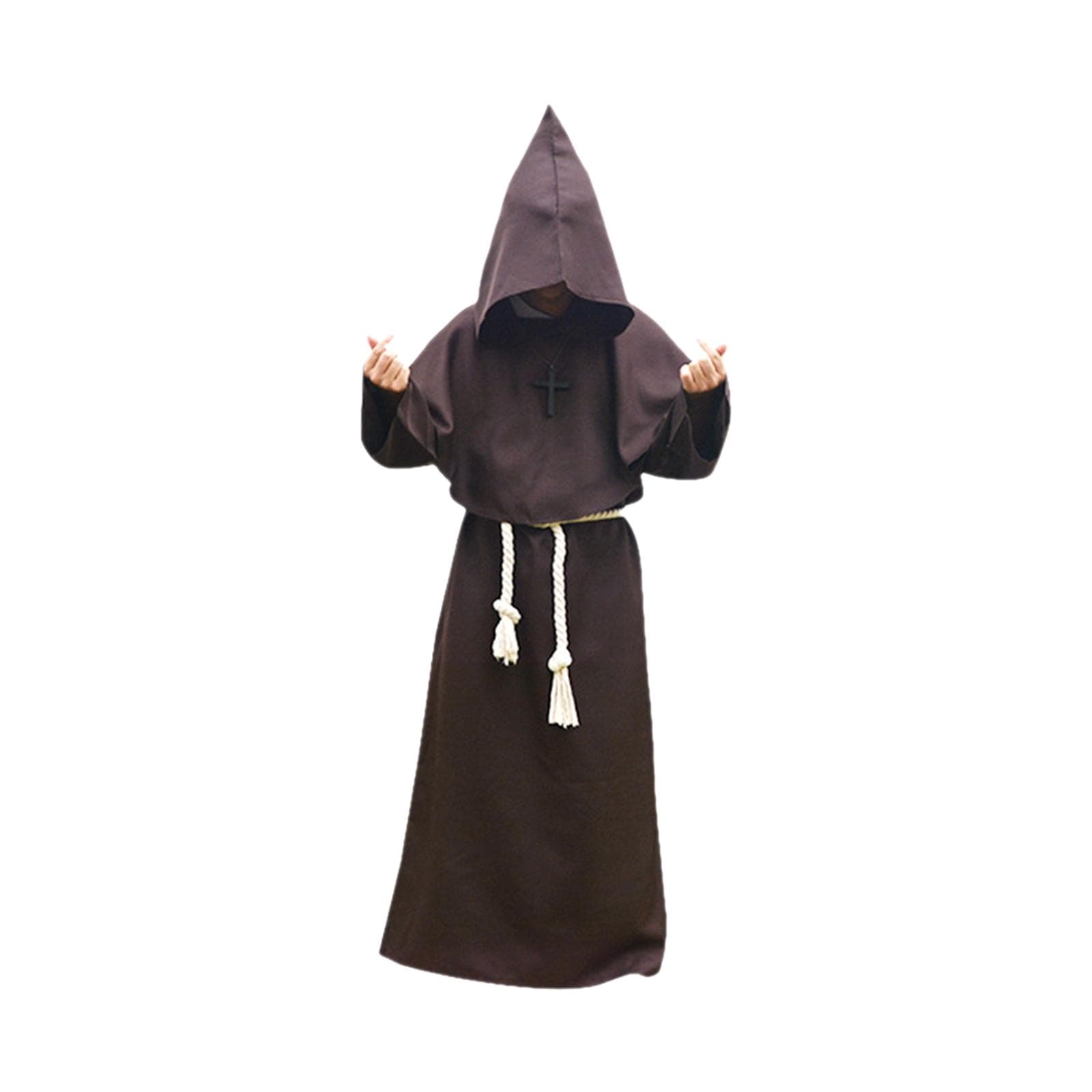 Halloween Hooded Priest Costume With Cross Necklace Waist Belt Unisex Men Women Solid Long Father Vicar Fancy Dress Medieval Priest Cosplay Costumes XL coffee