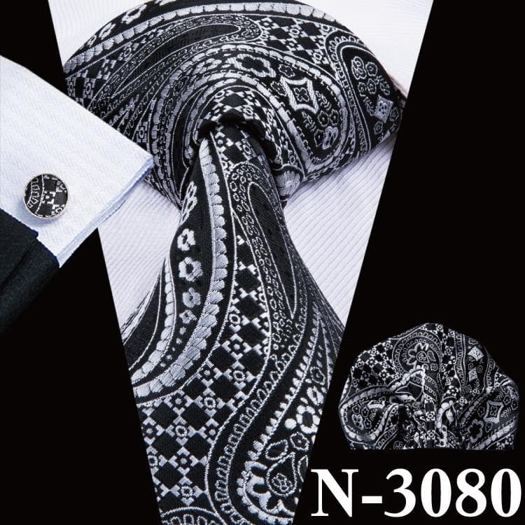 Tie Hankerchief Cufflinks Set For Men Wedding Flowers Golden Navy Blue Necktie 100Silk Paisley Floral Ties N-3080