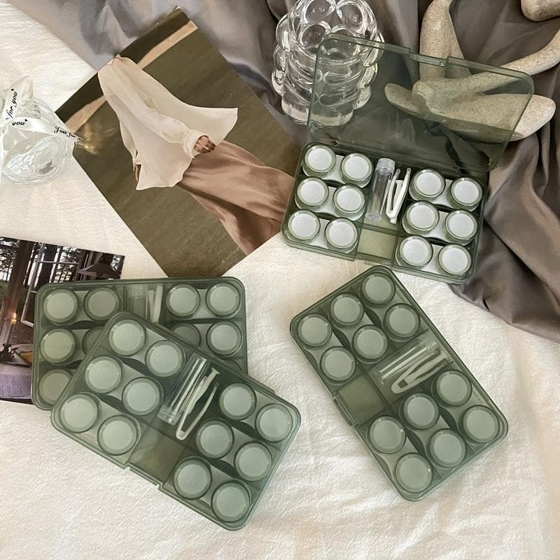 6 Pairs Large Contact Lens Storage Box Portable Travel Contact Lens Case for Makeup Beauty Pupil Box Tweezer Stick Container green