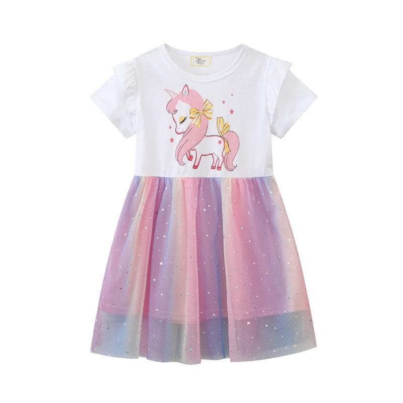 Girls Spring Dress Baby Short-sleeved Mesh Princess Dress Children Spring European and American Tulle Skirt Trendy Children 130cm