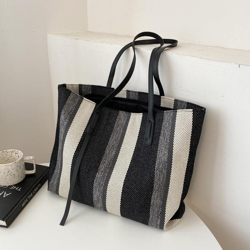 Women's Handbag Fashion Large Capacity Shoulder Bag Simple Vertical Stripes Casual Tote Bag 34.2*13.5*28.5cm black