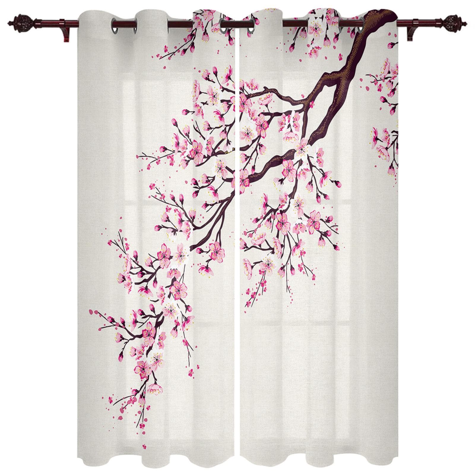 Japanese Style Sakura Modern Window Curtains for Living Room Bedroom Curtain Kitchen Treatment Blinds Drapes 70W x 100H(cm) x2