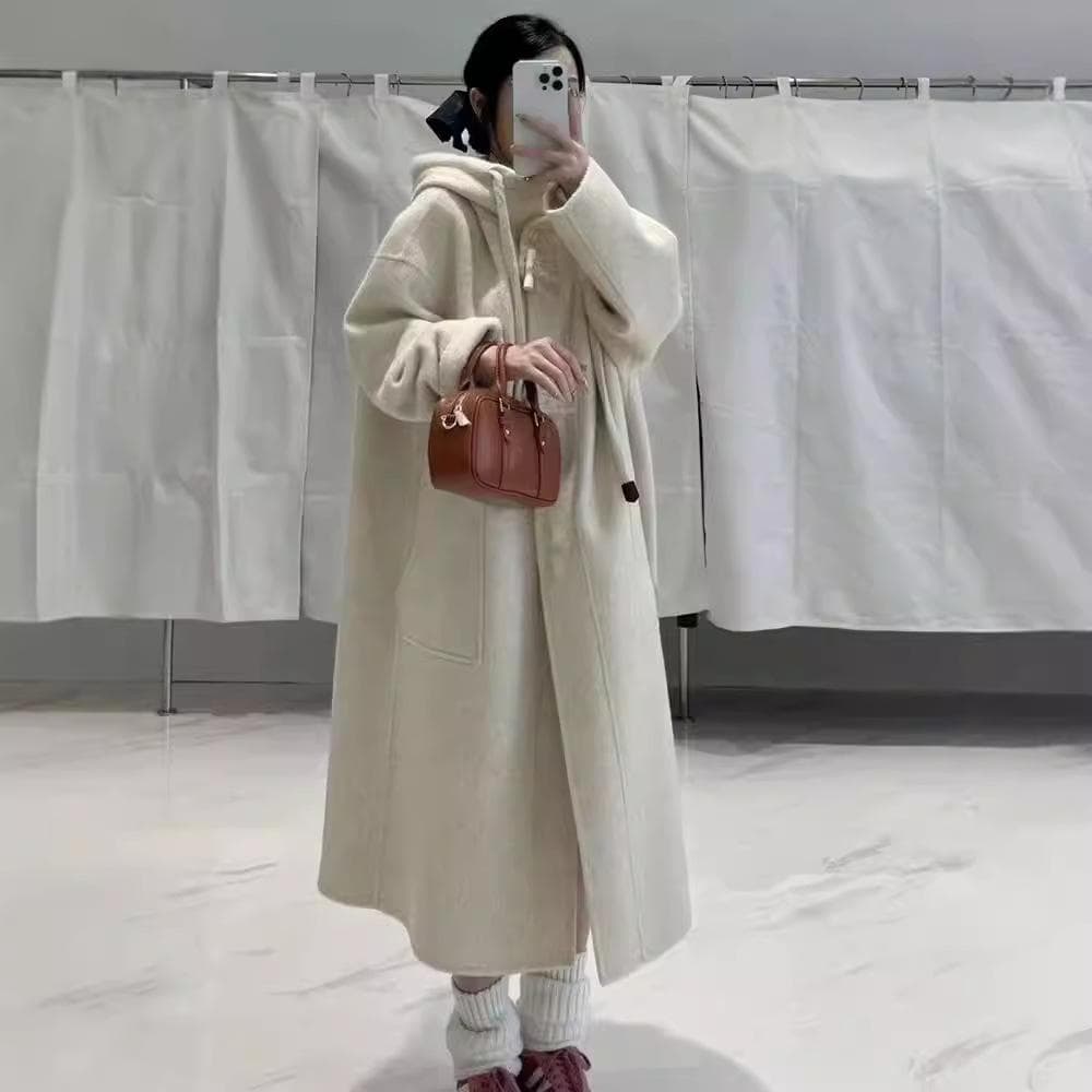 Korean Style Hooded Long Style Double-sided Cashmere Coat for Women Horn Button Thickened Woolen Coat M