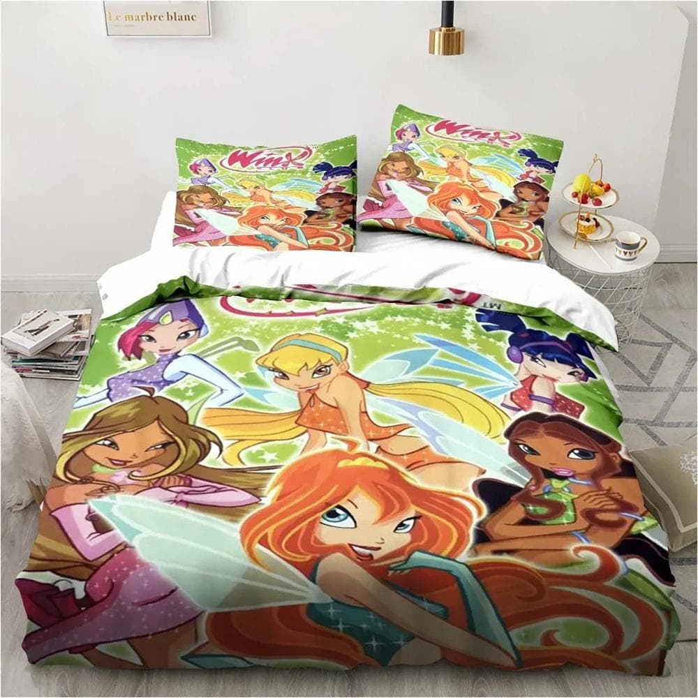 Winx Anime Kawaii Bedding Set Duvet Cover Set Lightweight Soft Duvet Cover Decorative Bedding for Teenagers Boys Girl Gift Large 135X200cm-2pcs