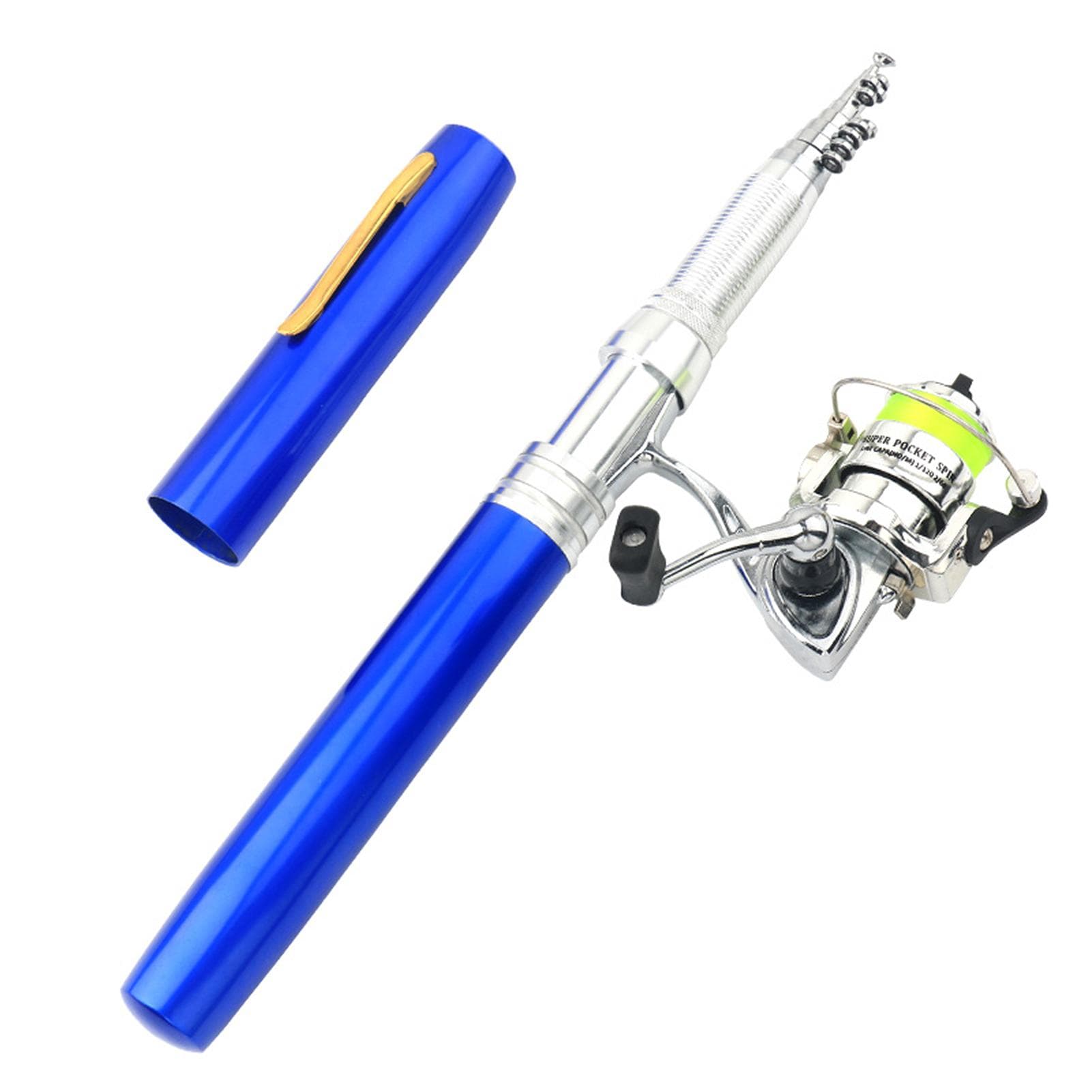 Portable Pen Shape Fishing Rod Telescopic Aluminum Alloy Fishing Pole + Metal Fishing Reel Spinning blue