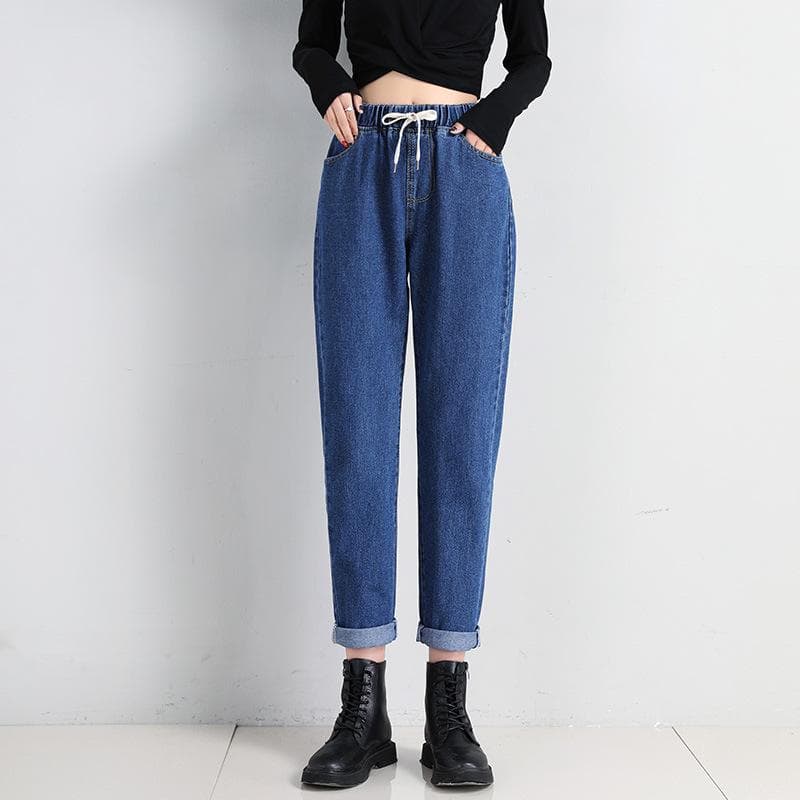 Korean Women's Straight-leg Casual Elastic Waist Tie High Waist Student Jeans Women's Loose Nine-point Dad Pants Women XXL