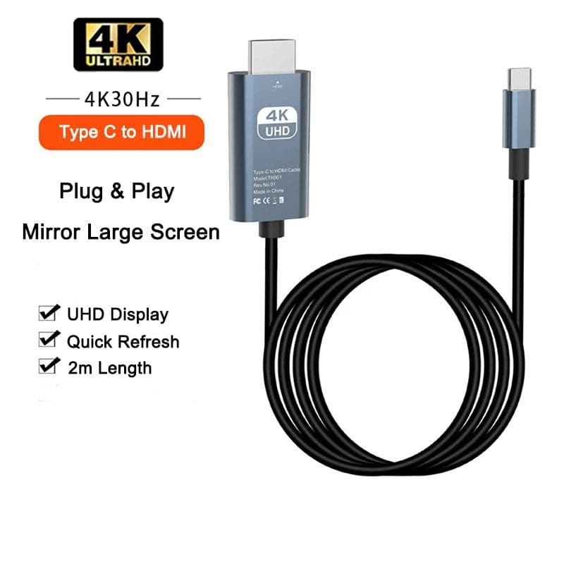 4K@60Hz/30HZ Type C To HDMI Cable USB C to HDMI-compatible Cable 2m TV Display Adapter for MacBook Laptop Plug and Play 30HZ