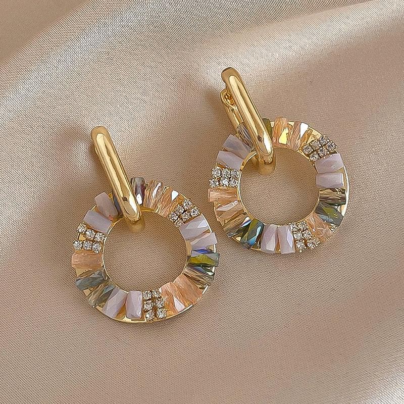 Retro Color Block Stone Inlaid Circular Earrings a Pair of Stylish Metal High-end Earrings for Women