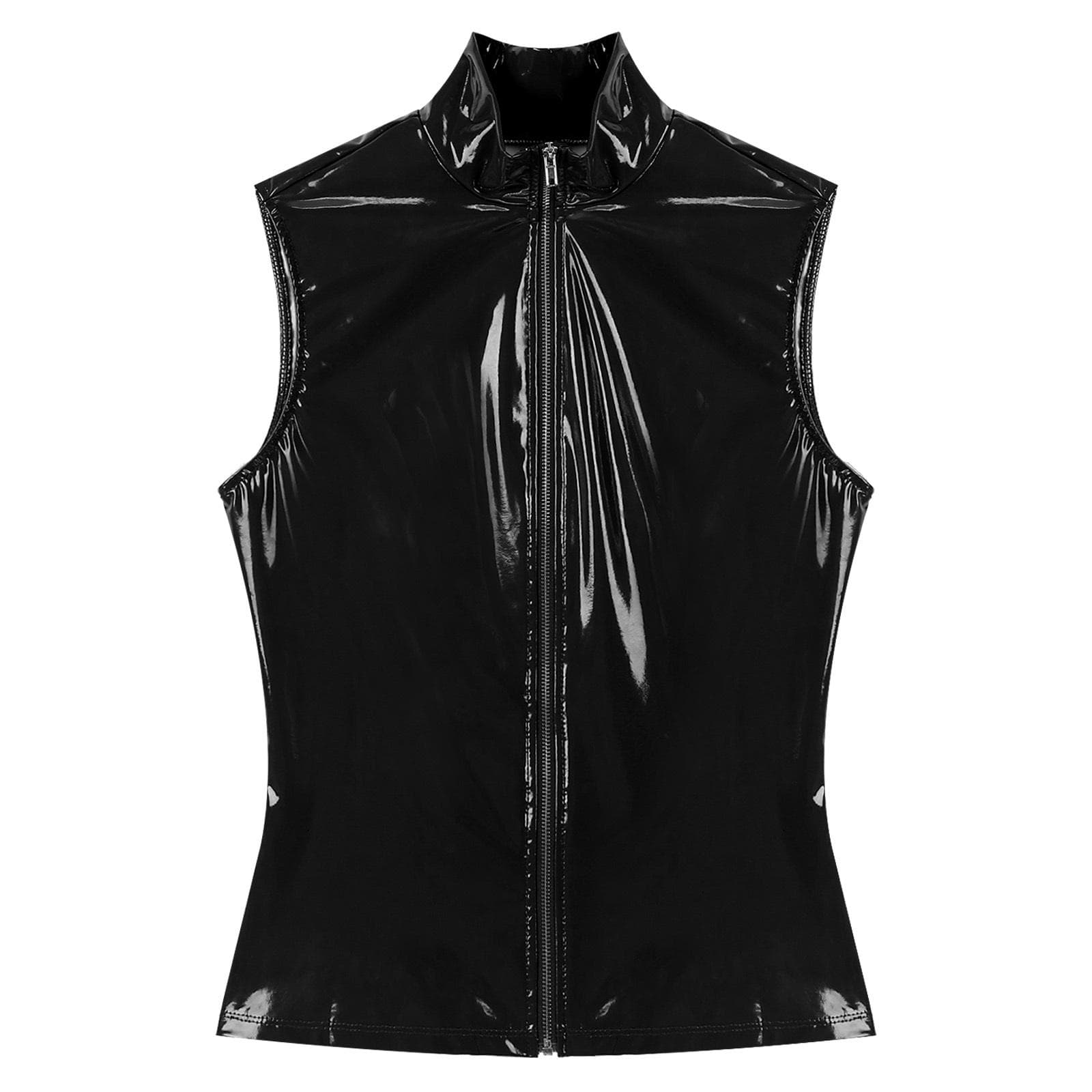 Mens Sleek Zipper Vest Patent Leather Stand Collar Sleeveless Jacket Clubwear Night Out Tops L black