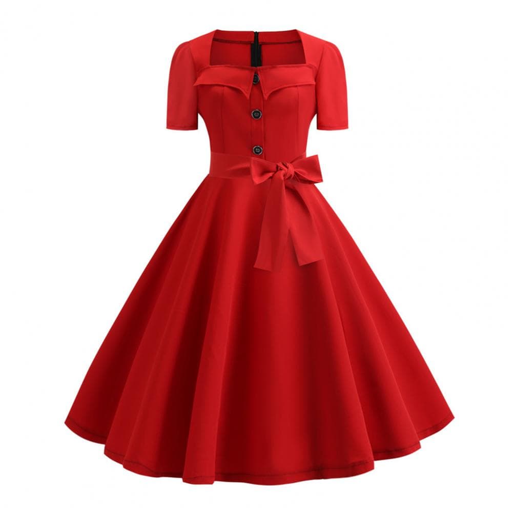 Women Dress Square Neck Short Sleeve Retro 1950s A-line Big Hem Button Decor Dot Print Color Matching Mid Waist Belted Bow Decor XXL dark red