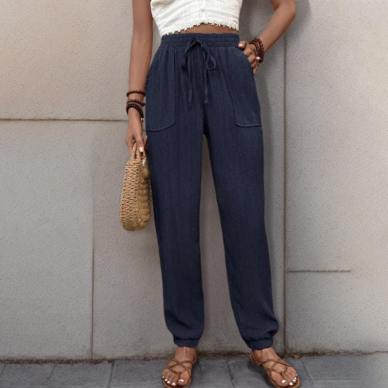 Summer Pants Women's Lace Up Texture Solid Color Small Leg Casual Pants XL navy blue