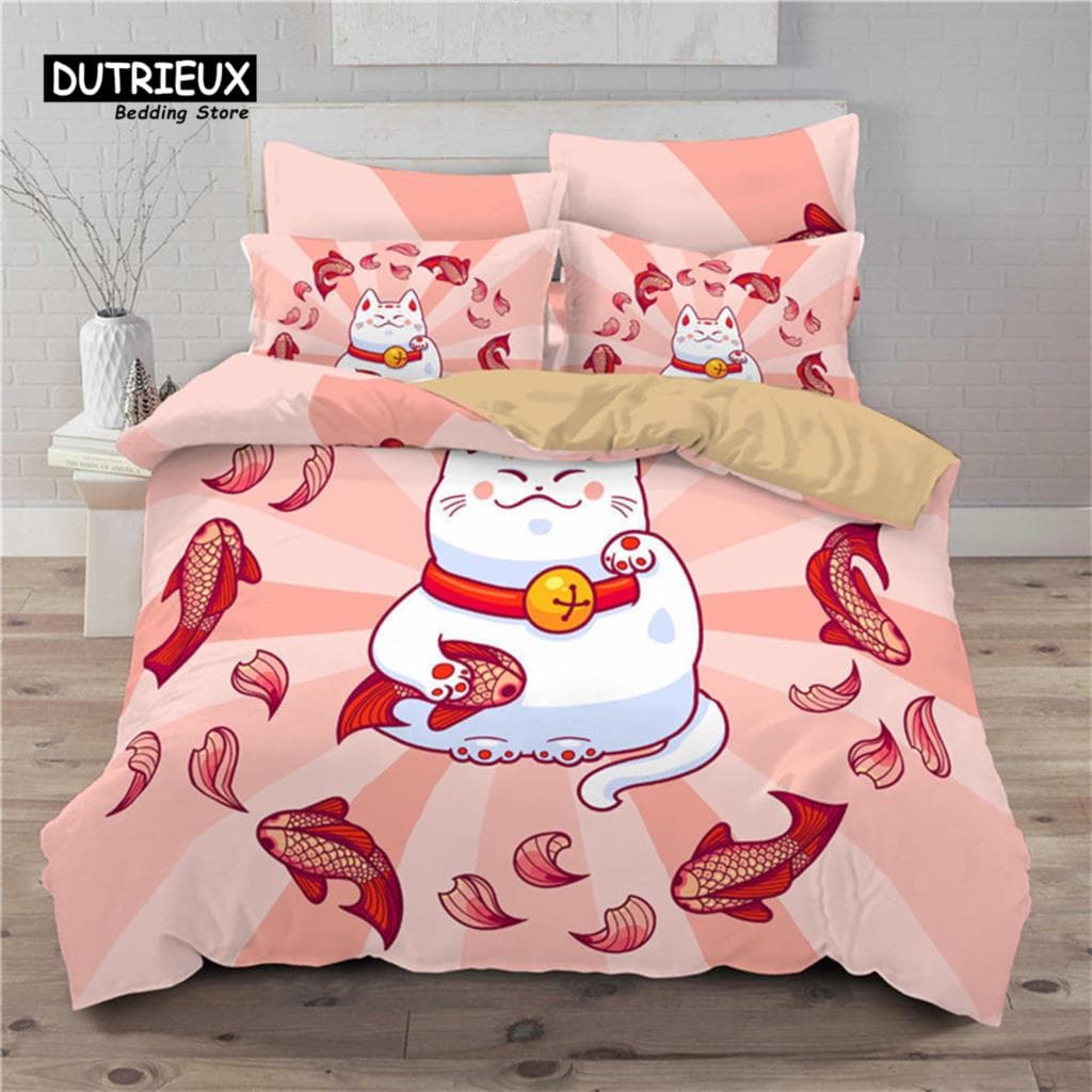 Lucky Cat Bedding Set For Kids Girls Boys 3D Print Floral Duvet Cover Set Microfiber Chinese Traditional Style Comforter Cover EU single(135x200cm)