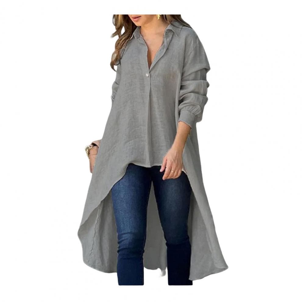 Women Shirt Lapel Buttons Neckline Long Sleeve Solid Color Shirt Irregular Hem Loose Fit Thin Shirt Tops Workwear M grey