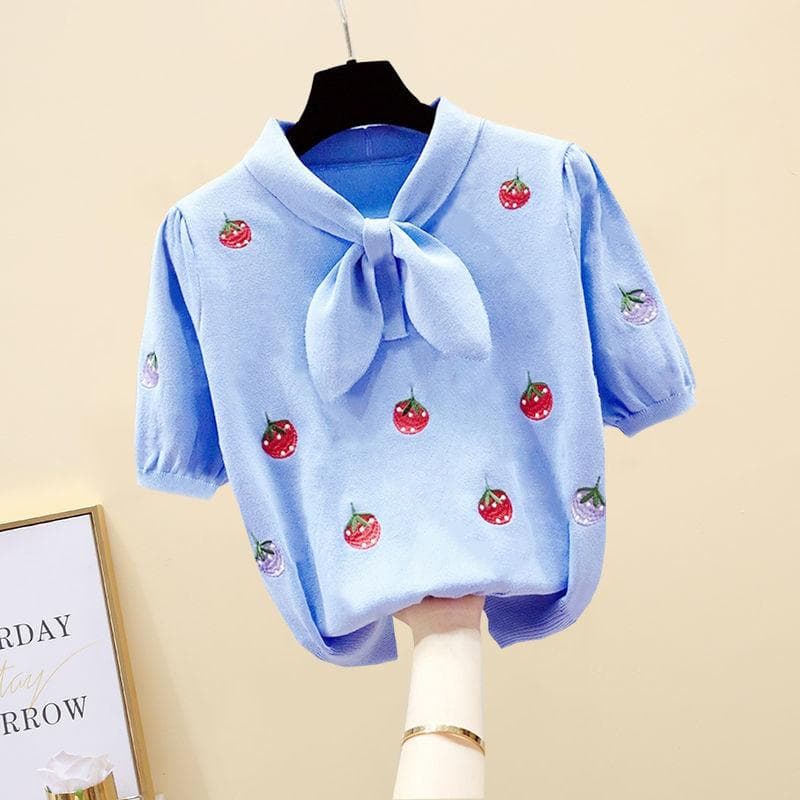 Girls' Summer Clothes Short Sleeved Bow Strawberry Embroidered Loose Top 160
