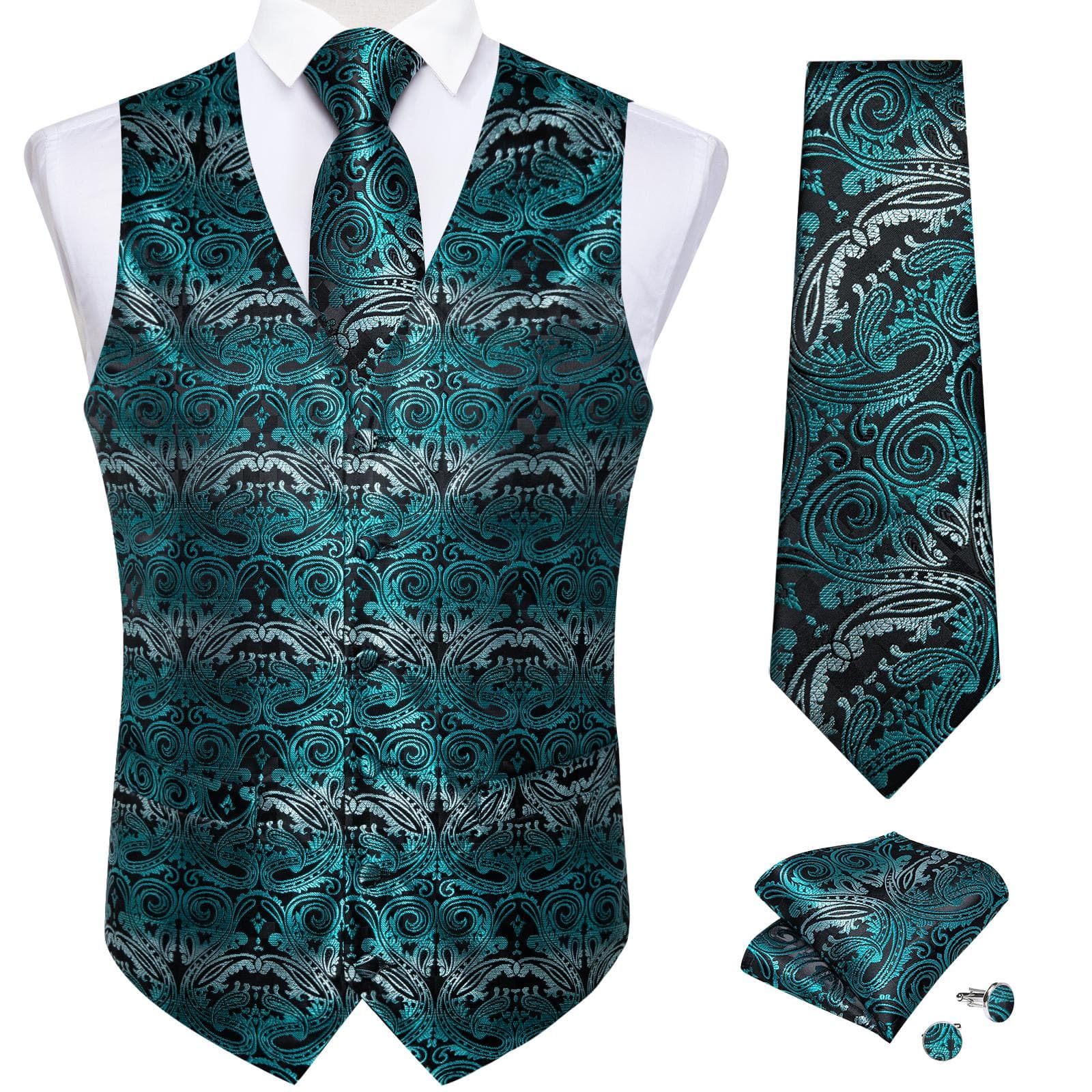 Dibangu Mens Yellow Paisley Vest Suit Waistcoat Hanky Cufflinks Tie Set Wedding S