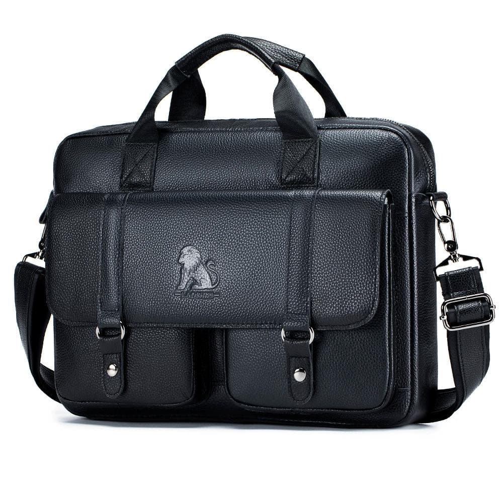 LAOSHIZI Briefcase Messenger Bag Men's Genuine Leather 15'' Laptop Bag Men's Briefcases Office Business Tote for Document Bag black