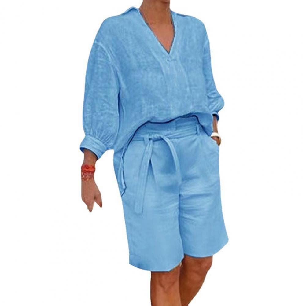 2 Pcs/Set Women Shirt Shorts Set Solid Color Three Quarter Sleeves V Neck Blouse High Waist Loose Knee Length Pants Set Casual O L blue
