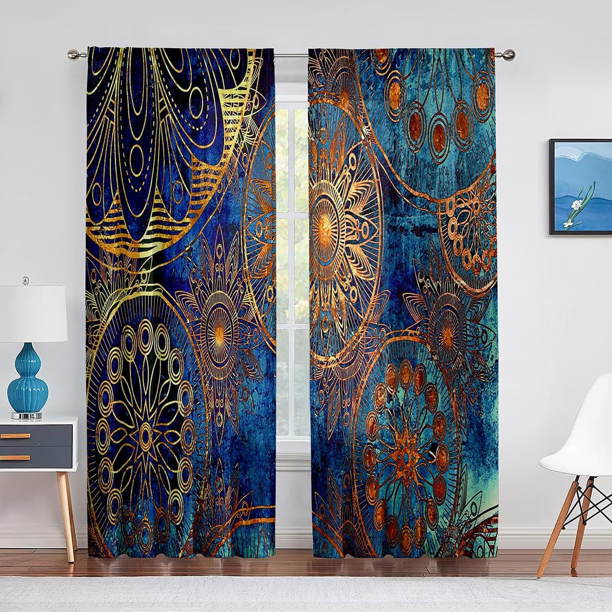 Mandala Bohemian Boho Green Blue Tulle Curtains for Living Room Bedroom Kitchen Chiffon Sheer Curtains Window Treatment Decor 1 PCS W100XH250cm&Grommet Top