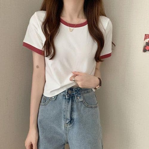 Contrast round neck short sleeved T-shirt T-shirts Casual pullovers Women's Summer Tops fashion M white