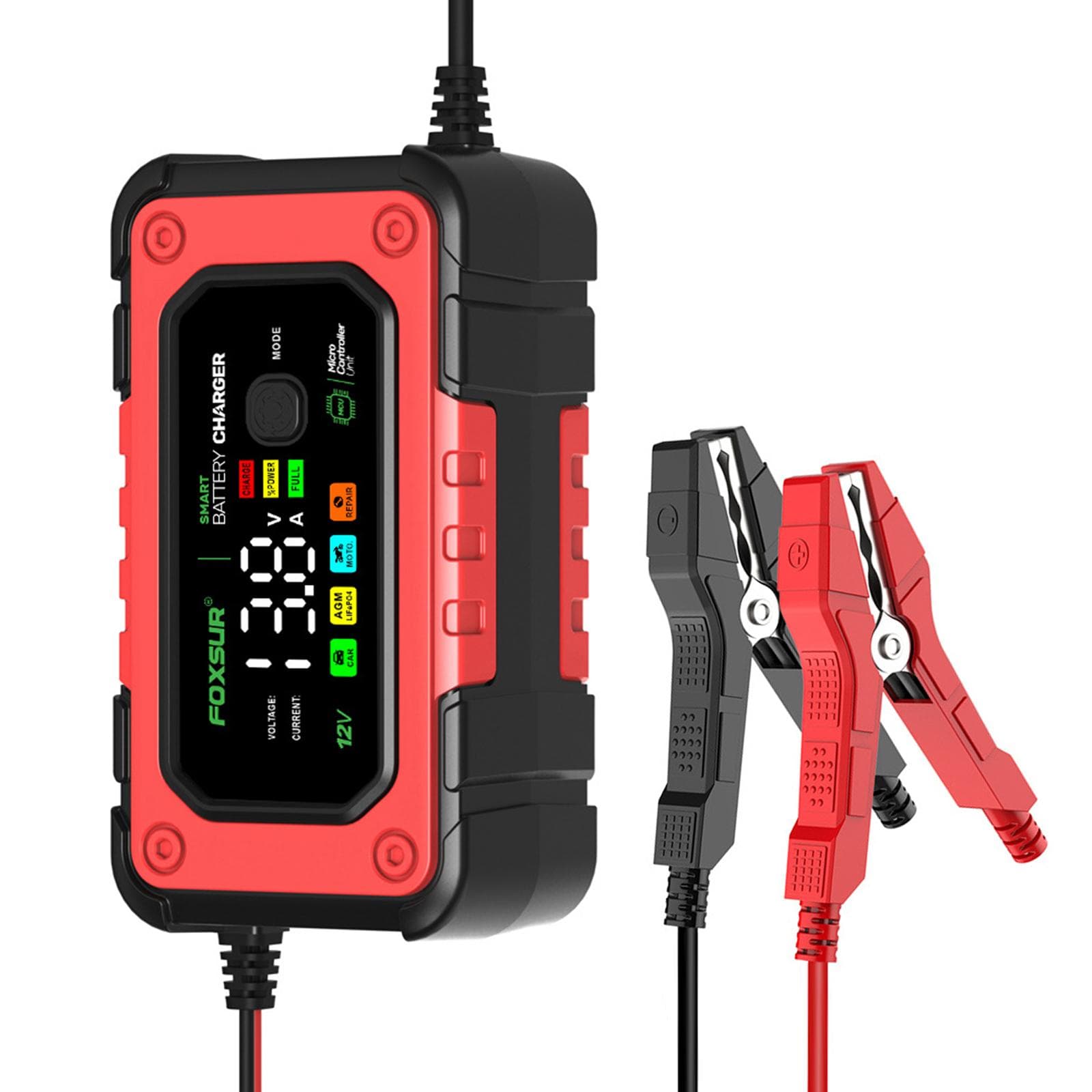 FOXSUR Car Battery Charger Smart Battery Charger with Function Large Colorful Display Multiple EU PLUG red