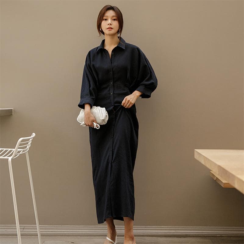 French Retro Shirt Dress for Women Spring and Summer New Cotton and Linen Waist Slim Fit Long Shirt Skirt XL black
