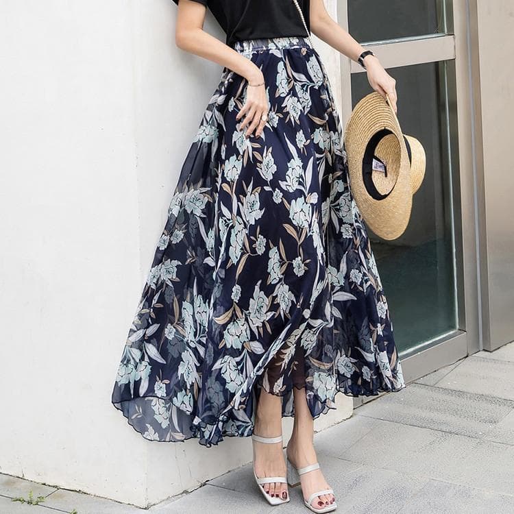 Women Chiffon Half-body Dress 2025 Spring Summer New Floral Half-body Vacation Style Beach Skirt L navy blue