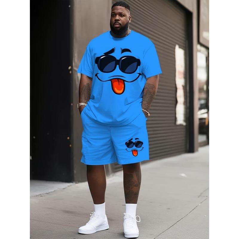 2pcs Men's Casual Round Neck T-Shirt and Shorts Set 3D Cartoon Face Print Vibrant Blue Polyester T-Shirt Short Sleeve Round Neck XL