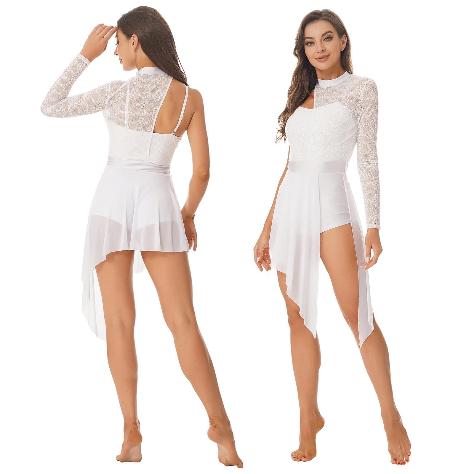 Women One Shoulder Lyrical Dance Dress Lace Ballet Skating Leotard Dresses Ballerina Dancewear M white
