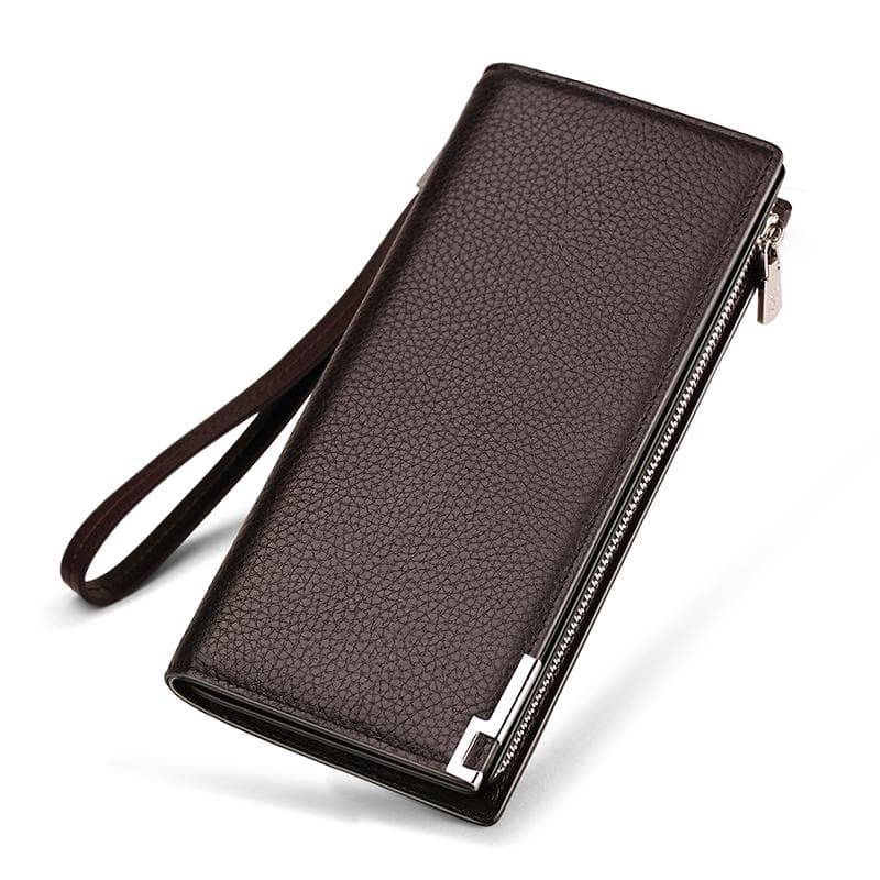WILLIAMPOLO Fashion Long Design Genuine Cow Leather Wallet Man Metal Corner Phone Wallet Luxury Wallet Black #129 One Size coffee