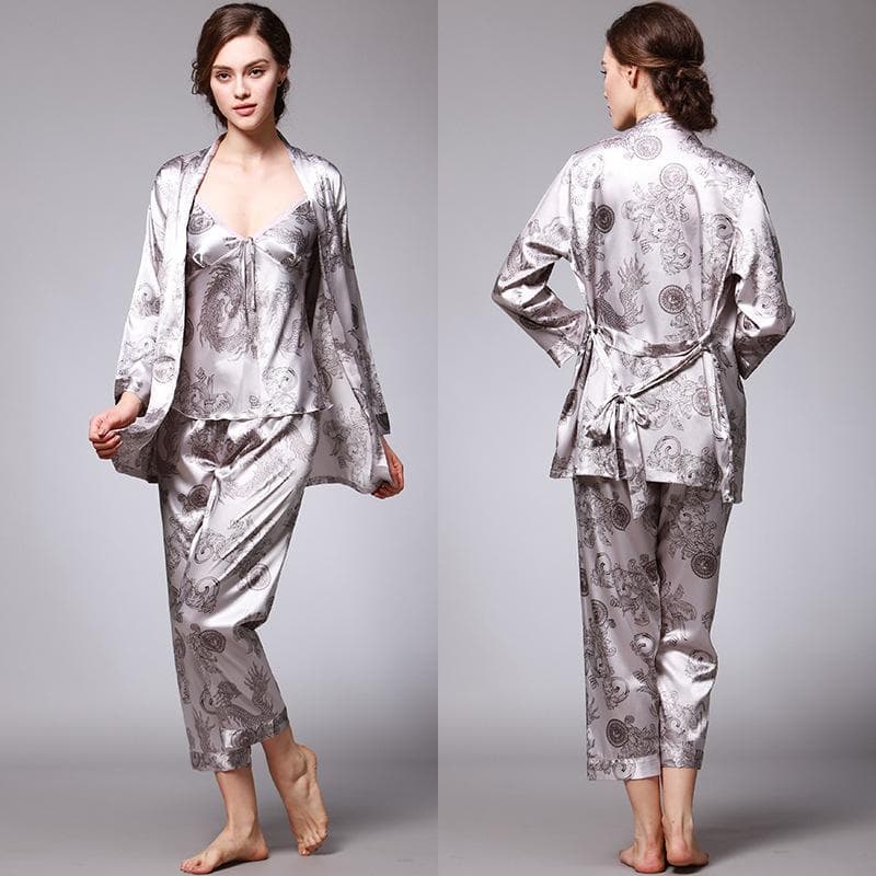 Women's Silk Satin Pajamas Set 3 Pcs Floral Silky Pj Sets Sleepwear Cami Nightwear with Robe and Pant 2XL