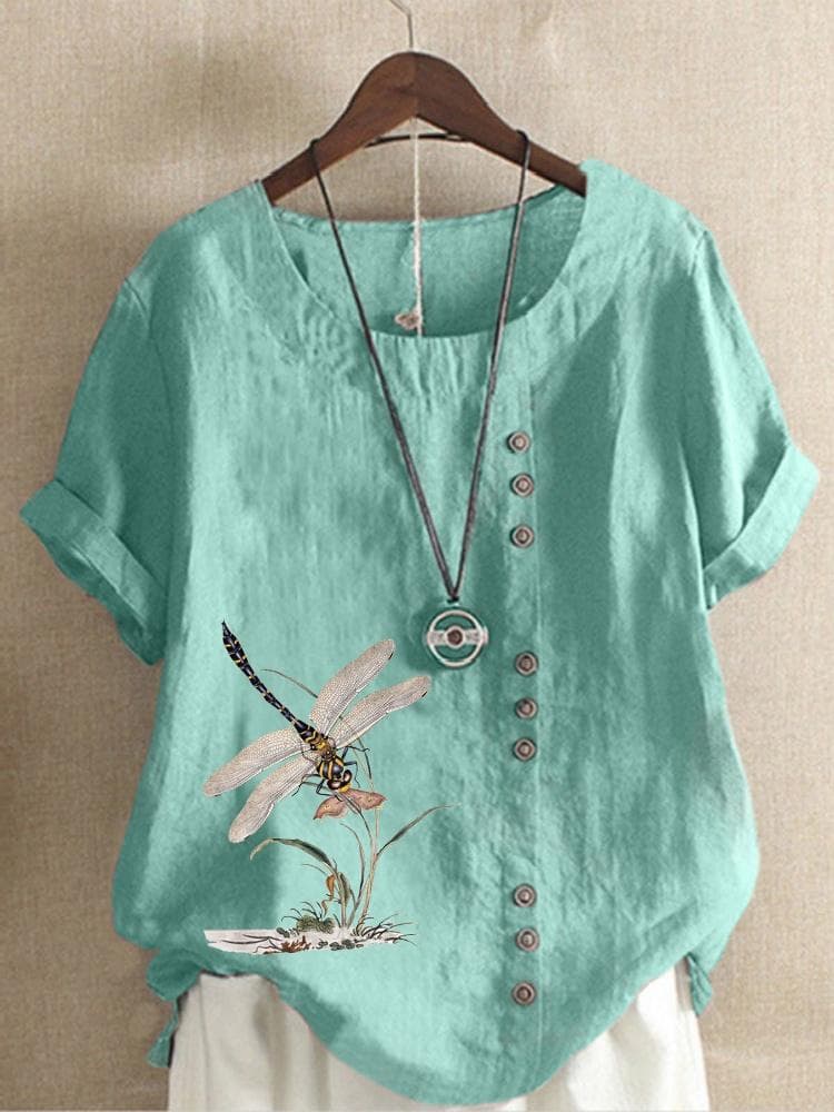 Summer Casual Dragonfly Print Loose T-shirt Retro Cotton and Linen O-neck Plus Size Short-sleeved Women's Top XS-5XL XL lake blue