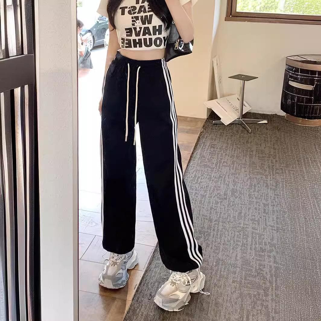 Three-way American Sports Pants for Women In Spring and Autumn New Striped Tying Feet Casual Small Wide-leg Loose Sweatpants 4XL