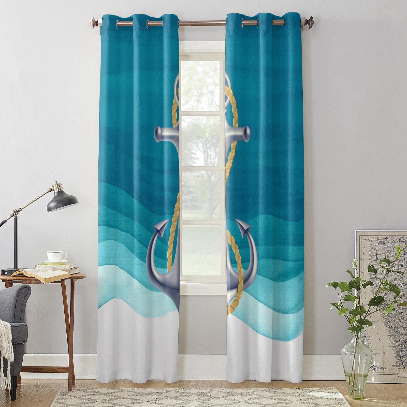 Ocean Gradient Anchor Teal Curtains for Bedroom Living Room Window Curtain Treatments Blinds Kitchen Home Decor Drapes 135W x 60H(cm) x1