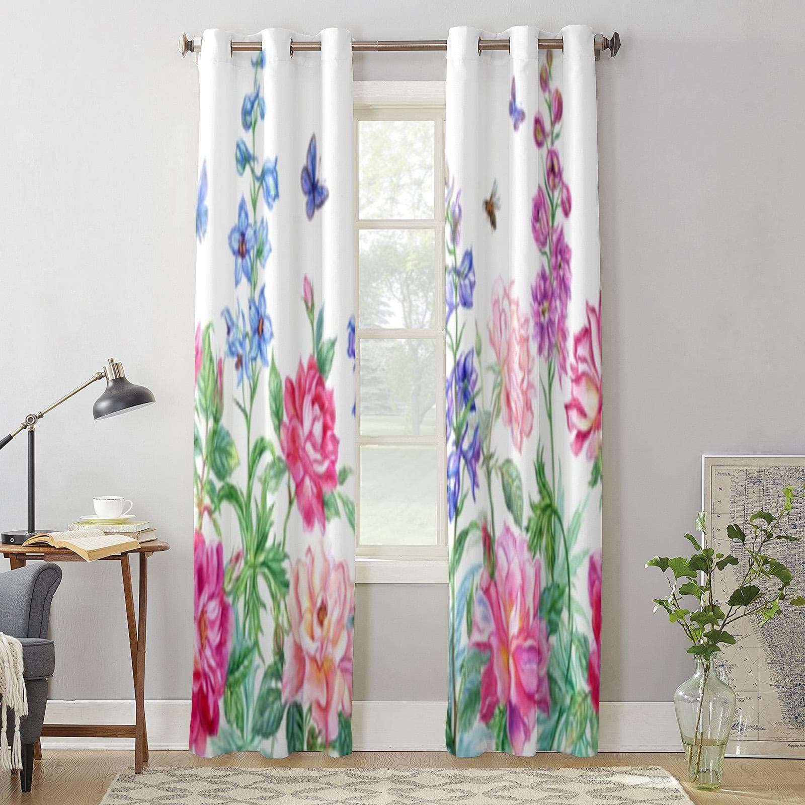 Summer Flowers Roses And Flying Butterflies Window Curtains For Living Room Kitchen Modern Curtains Home Decor Blinds Drapes 135W x 60H(cm) x1