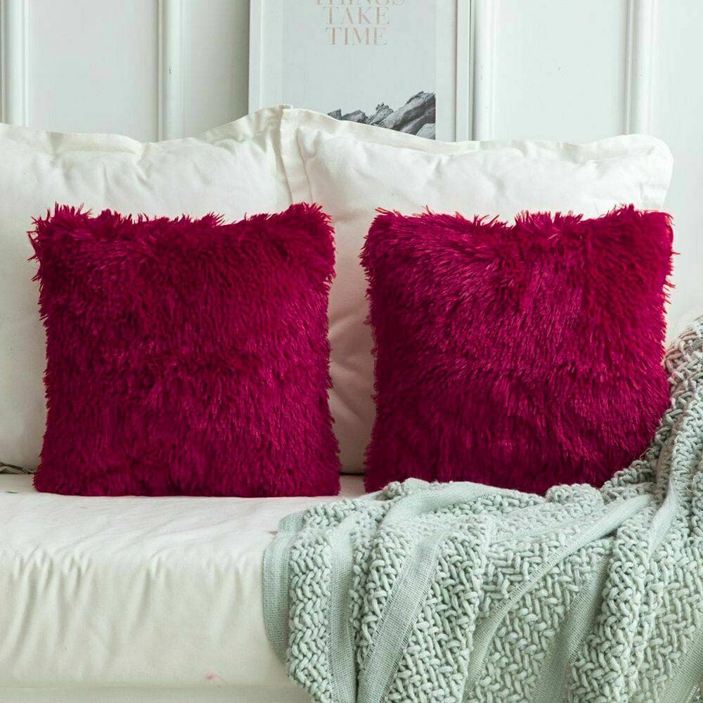 45CM X 45CM Fluffy Faux Soft Plush Pillow Case Cover Cushion Home Bed Sofa Decor wine red
