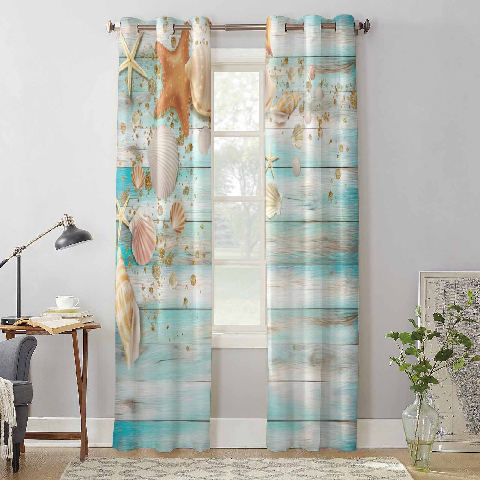 Summer Shell Starfish Wooden Board Window Curtains for Living Room Luxury Bedroom Curtain Kitchen Blinds Drapes Curtains 135W x 60H(cm) x1