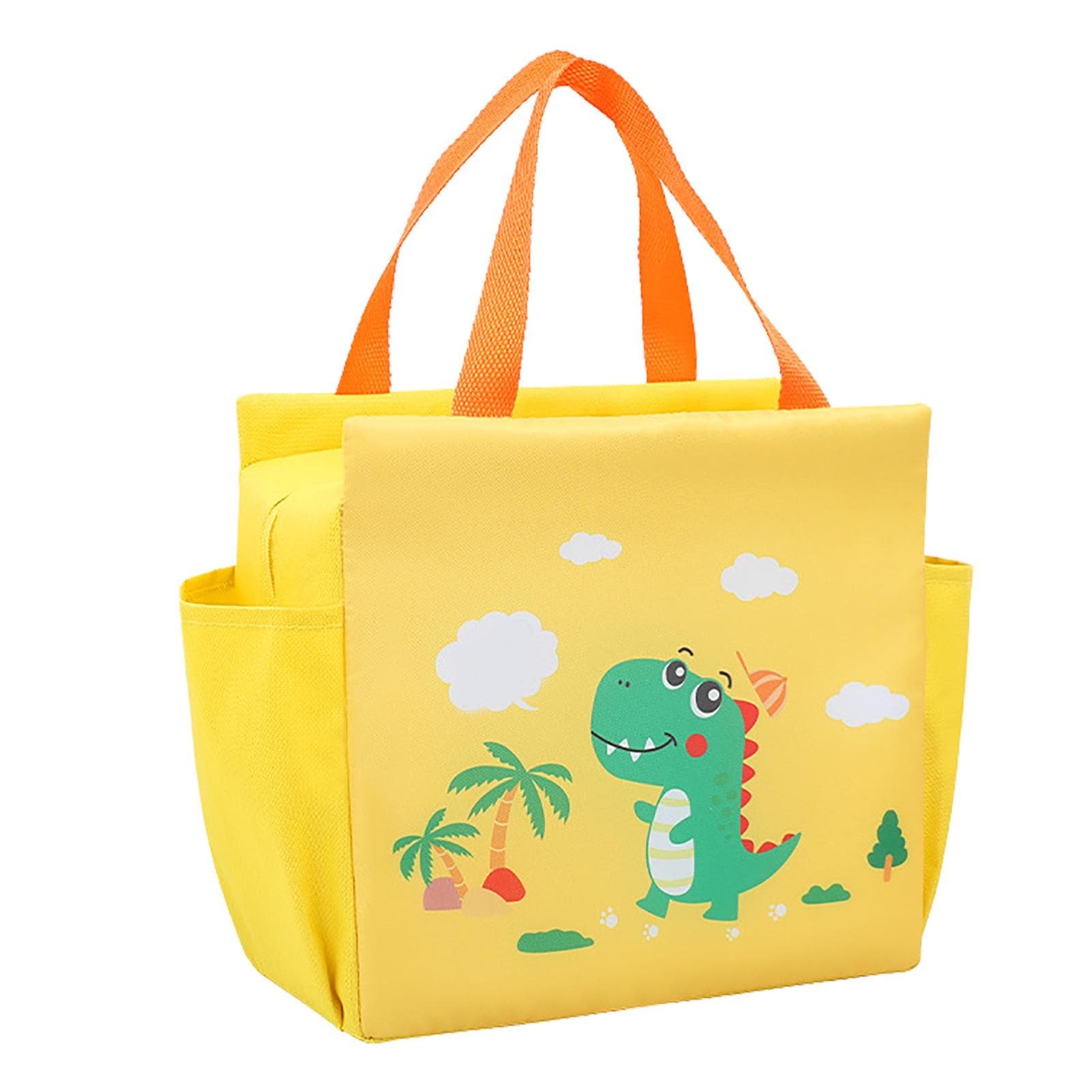 Lunch Bag Yellow Dinosaur Pattern Oxford Cloth Plaid Aluminum Film Lining Insulated Large Capacity
