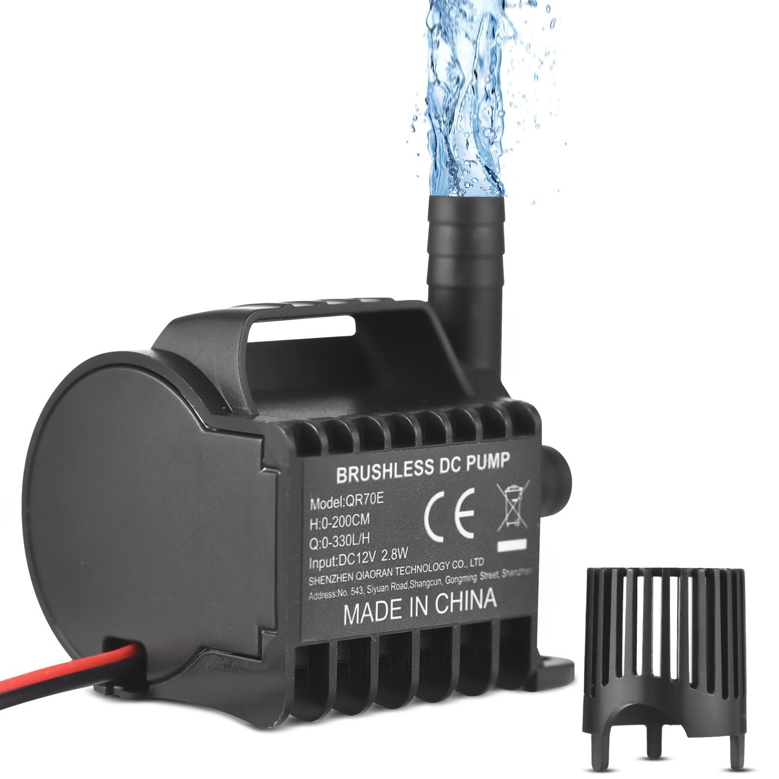 Submersible 12V Water Pump Electric 330L/H Small Fountain Pump with Max 6.5ft Lift, 1.6ft Wire and QR70E black