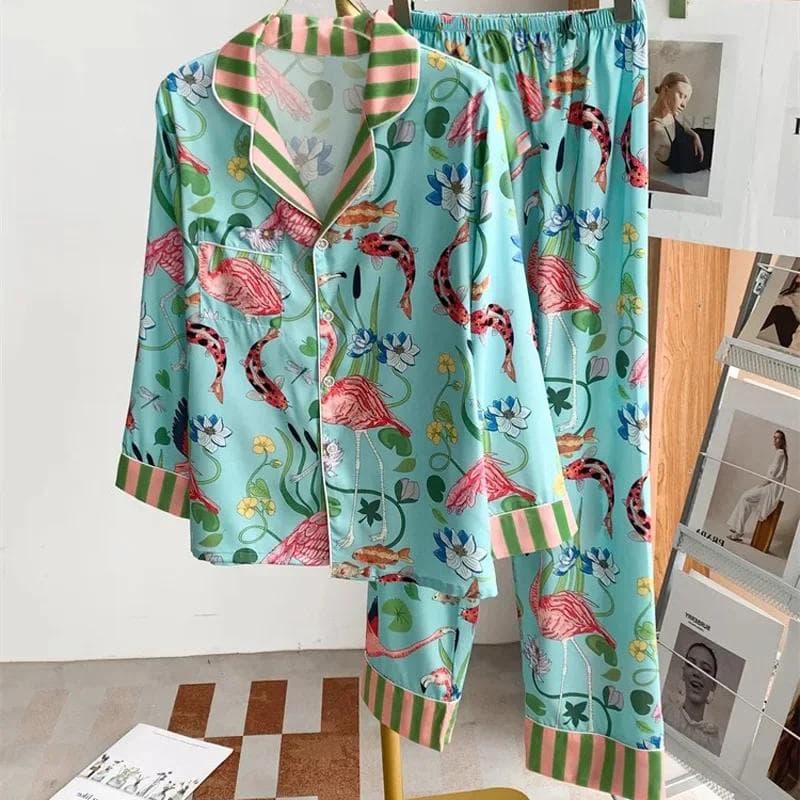 Pajamas Flamingo Women Summer Spring Satin Silk Illustration Flower Pajamas Thin Two-piece Pajamas Set Women 2XL
