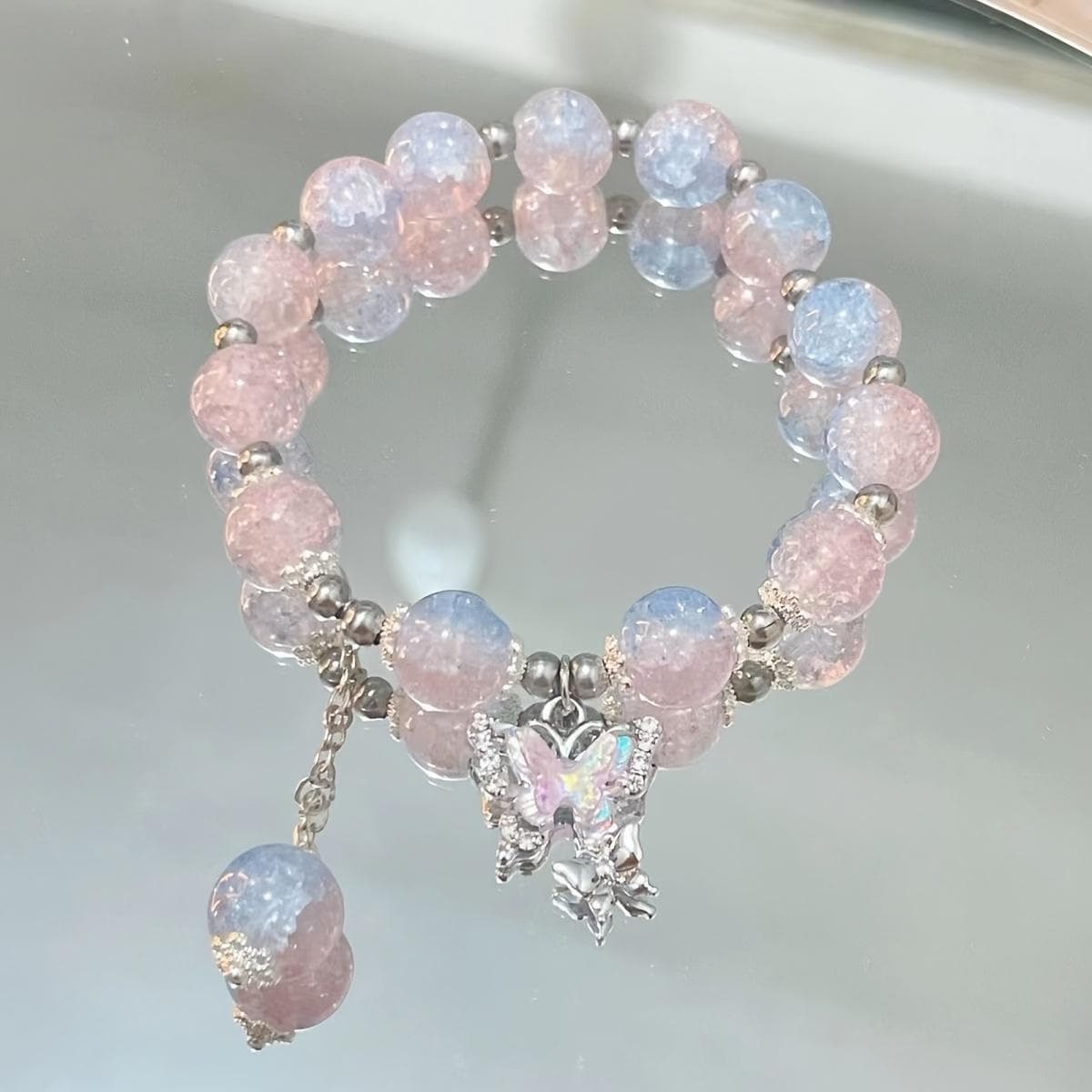 1PC Fashionable and Charming Butterfly Glass Bead Bracelet, Women's Sweet and Versatile Colored Bead Bracelet pink