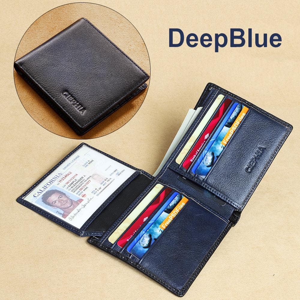 RFID Blocking Genuine Leather Wallets for Men, Large Capacity Top Layer Cowhide Bifold Vintage Wallet with 2 ID Window Gifts for Him dark blue