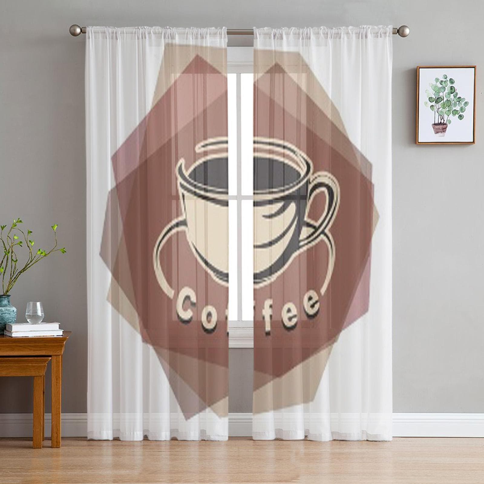 Abstract Coffee Tulle Sheer Curtains for Living Room Decoration Curtain for the Room Bedroom Kitchen Voile Organza Curtains 135W x 114H(cm)
