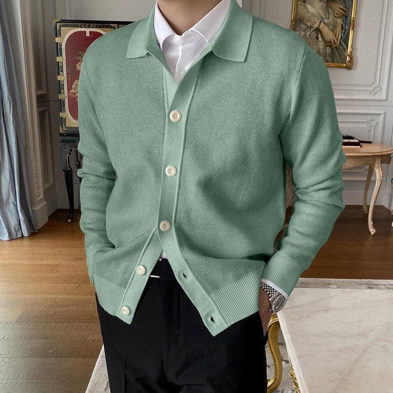2024 Spring Autumn New Cotton Knitted Cardigan Slim Long Sleeve Button Korean Men's Fashion Lapel Sweater Simple Casual Coat 3XL light green